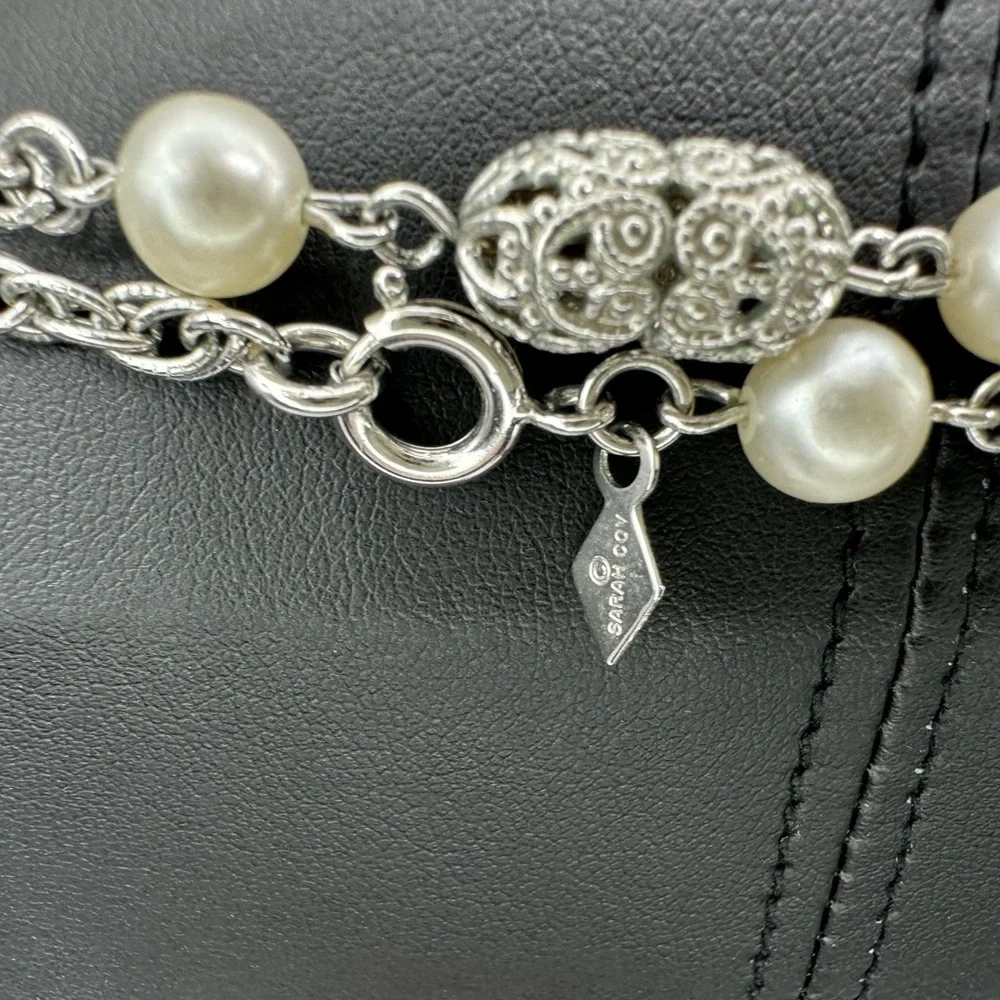 SIGNED SARAH COVENTRY vintage long Pearl silver Necklace Classic Timeless